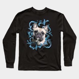 French bulldog, blue decorations leaves, frenchie lovers gift Long Sleeve T-Shirt